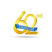 62e gouden verjaardag logo met blauw lint geïsoleerd Aan wit achtergrond. 3d goud verjaardag logo60 vector