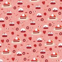 knus gebakje en snoepgoed patroon Aan roze achtergrond, gelukkig Valentijn dag vector