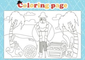 zee themed kleur bladzijde voor kinderen met schattig piraat karakter Holding kaart en borst met munten vector