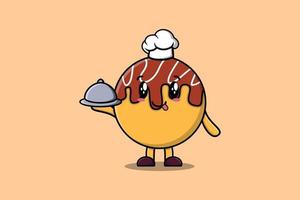 tekenfilm chef takoyaki mascotte portie voedsel Aan dienblad vector