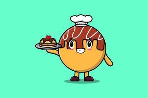 schattig tekenfilm chef takoyaki portie taart Aan dienblad vector