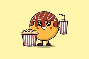 schattig tekenfilm takoyaki met popcorn en drinken vector
