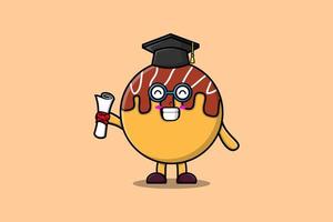 schattig tekenfilm takoyaki leerling karakter diploma uitreiking vector
