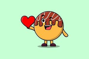 schattig tekenfilm takoyaki karakter houden groot rood hart vector