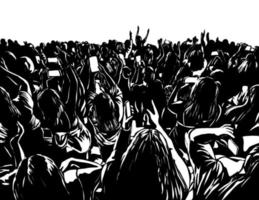 menigte van mensen aan het kijken een concert Holding mobiel telefoons houtsnede zwart en wit vector