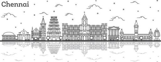 schets chennai Indië stad horizon met historisch gebouwen en reflecties geïsoleerd Aan wit. vector