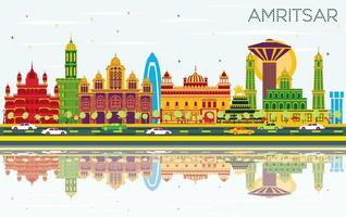 Amritsar Indië stad horizon met kleur gebouwen, blauw lucht en reflecties. vector
