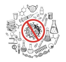 laboratorium Onderzoek vector hand- getrokken pictogrammen set. coronavirus, dna, bloed testen.