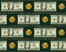 naadloos patroon met horizontaal uitgelijnd 100 dollar bankbiljetten, goud een dollar munten, dollar teken, structuur met golvend lijnen achter. gedetailleerd vector illustratie.