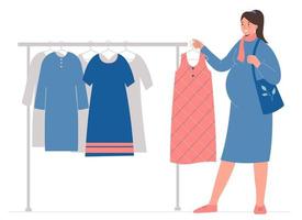 winkelen. zwanger vrouw kiest jurk voor haarzelf vector
