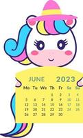 de eenhoorn is Holding de kalender maand juni 2023. vector