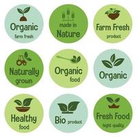 biologisch voedsel, natuurlijk Product en gezond leven logo, stickers en insignes. vector