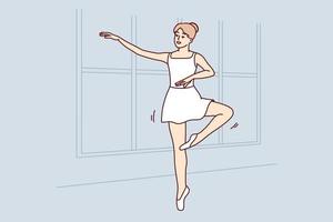 jong vrouw in tutu dansen in school. glimlachen meisje in jurk praktijk ballerina beweegt binnenshuis. hobby en amusement. vector illustratie.
