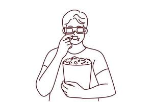 gelukkig jong Mens in 3d bril aan het eten popcorn aan het kijken film in bioscoop. glimlachen mannetje hebben tussendoortje genieten film in theater Aan weekend. amusement. vector illustratie.