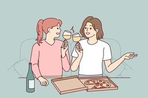 gelukkig jong Dames zittend Aan bankstel Bij huis aan het eten pizza drinken wijn. glimlachen meisjes hebben pret genieten van voedsel en vrije tijd weekend samen. vector illustratie.