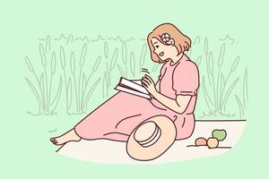 vrouw zittend in veld- lezing boek. gelukkig meisje genieten zomer picknick met tijdschrift of leerboek. zomertijd ontspanning. vector illustratie.