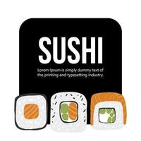 ontwerp sjabloon met sushi reeks illustratie Aan zwart kader achtergrond vector