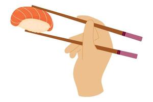 tekenfilm hand- houdt eetstokjes met Zalm sushi. Japans keuken, traditioneel voedsel geïsoleerd Aan wit achtergrond vector