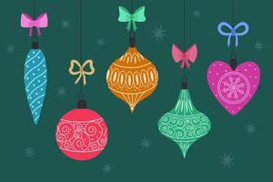Kerstmis en nieuw jaar achtergrond met slingers en Kerstmis speelgoed.de concept van een vrolijk kerst.realistisch Kerstmis ballen versierd met lint en boog. vector