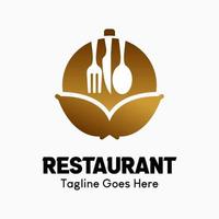 inspirerend restaurant vector logo. abstract creatief logo. icoon lepel, vork, mes, portie kap en tarwe of rijst- zaden in een cirkel. klassiek, wijnoogst en modern logo illustratie.