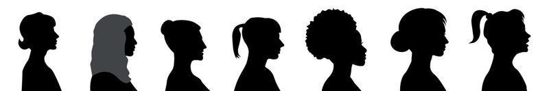 verscheidenheid vrouw silhouetten. verschillend races en geloof. kant visie van de gezicht. geïsoleerd vector illustratie