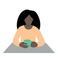 portret van een zwart meisje met een kop in haar handen Bij de tafel, vlak vector, isoleren Aan wit, gezichtsloos illustratie vector