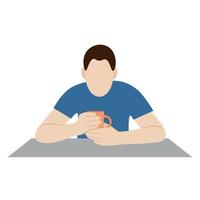 portret van een Mens Bij de tafel met een kop in zijn handen, vlak vector, geïsoleerd Aan wit, gezichtsloos illustratie vector