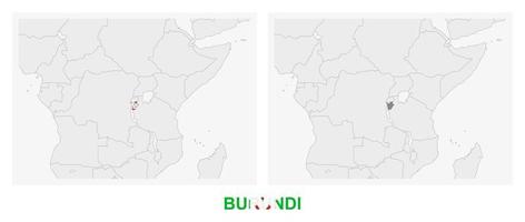 twee versies van de kaart van burundi, met de vlag van Burundi en gemarkeerd in donker grijs. vector