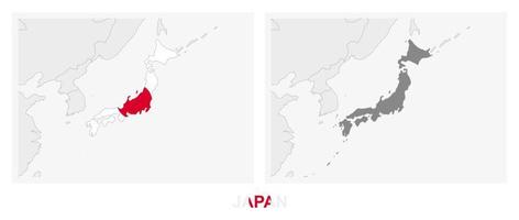 twee versies van de kaart van Japan, met de vlag van Japan en gemarkeerd in donker grijs. vector