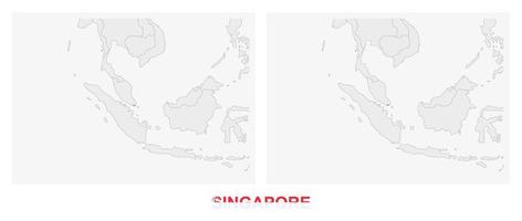 twee versies van de kaart van Singapore, met de vlag van Singapore en gemarkeerd in donker grijs. vector