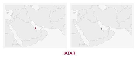 twee versies van de kaart van qatar, met de vlag van qatar en gemarkeerd in donker grijs. vector