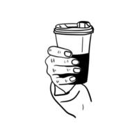 hand- Holding een kop van koffie icoon, hand- getrokken lijn kunst van hand- Holding een kop van koffie vector