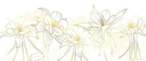 luxe bloemen gouden lijn kunst behang. elegant bloeiend gouden wilde bloemen patroon achtergrond. ontwerp illustratie voor decoratief, kaart, huis decor, uitnodiging, verpakking, afdrukken, omslag, spandoek. vector