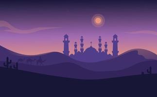 landschap illustratie van laatste Ramadan kareem met silhouet van moskee in woestijn vector