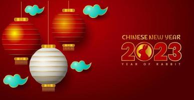 gelukkig Chinese nieuw jaar 2023 jaar van konijn achtergrond. feestelijk geschenk kaart Sjablonen met realistisch 3d ontwerp elementen. spandoeken, web poster, flyers en brochures, groet kaarten. vector