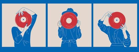 meisje houdt een oud vinyl Vermelding in haar handen .retro mode stijl van jaren 80.set van drie blauw en rood hand- getrokken vector illustraties. poster, afdrukken, logo Sjablonen