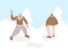 paar mensen Speel sneeuwballen pret spel in winter sneeuw landschap vector illustratie. tekenfilm vriend tekens spelen buitenshuis, genieten van vorst verkoudheid het weer. winter gezond werkzaamheid