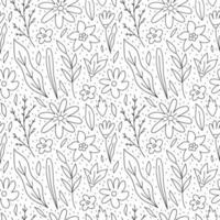 botanisch naadloos patroon met bloemen, bladeren en takken. vector hand getekend illustratie in tekening stijl. perfect voor decoraties, behang, omhulsel papier, kleding stof. bloemen achtergrond.