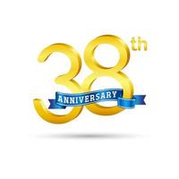 38e gouden verjaardag logo met blauw lint geïsoleerd Aan wit achtergrond. 3d goud verjaardag logo vector