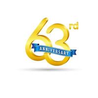 63e gouden verjaardag logo met blauw lint geïsoleerd Aan wit achtergrond. 3d goud verjaardag logo vector