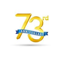 73ste gouden verjaardag logo met blauw lint geïsoleerd Aan wit achtergrond. 3d goud verjaardag logo vector