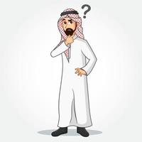 Arabisch zakenman tekenfilm karakter in traditioneel kleren denken met vraag Mark icoon vector