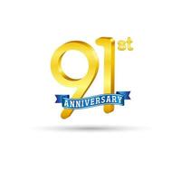 91e gouden verjaardag logo met blauw lint geïsoleerd Aan wit achtergrond. 3d goud verjaardag logo vector