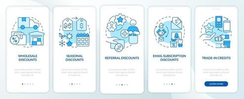 korting types blauw onboarding mobiel app scherm. toeslagen walkthrough 5 stappen bewerkbare grafisch instructies met lineair concepten. ui, ux, gui sjabloon vector