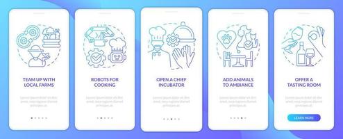 geslaagd restaurant ideeën blauw helling onboarding mobiel app scherm. walkthrough 5 stappen grafisch instructies met lineair concepten. ui, ux, gui sjabloon vector