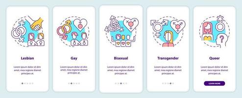 lgbt gemeenschap omvat onboarding mobiel app scherm. walkthrough 5 stappen bewerkbare grafisch instructies met lineair concepten. ui, ux, gui sjabloon vector