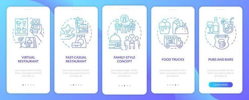 winstgevend restaurant bedrijf blauw helling onboarding mobiel app scherm. walkthrough 5 stappen grafisch instructies met lineair concepten. ui, ux, gui sjabloon vector