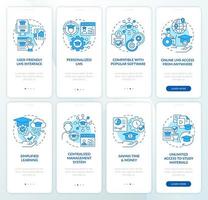 aan het leren beheer systeem blauw onboarding mobiel app scherm. walkthrough 4 stappen bewerkbare grafisch instructies met lineair concepten. ui, ux, gui sjabloon vector