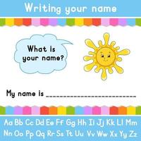 schrijven uw naam. leerzaam werkzaamheid werkblad voor kinderen en peuters. spel voor kinderen. vector illustratie.