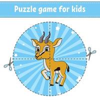 besnoeiing en Speel. ronde puzzel. logica puzzel voor kinderen. werkzaamheid bladzijde. snijdend praktijk voor peuter. tekenfilm karakter. vector illustratie.